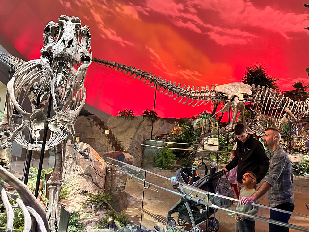 Family looking at Tyrannosaurus rex fossil.